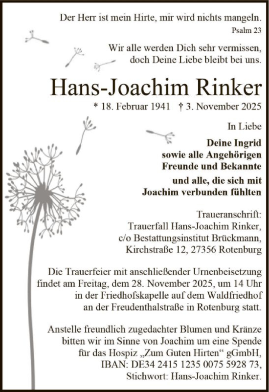 Traueranzeige von Hans-Joachim Rinker von SYKR