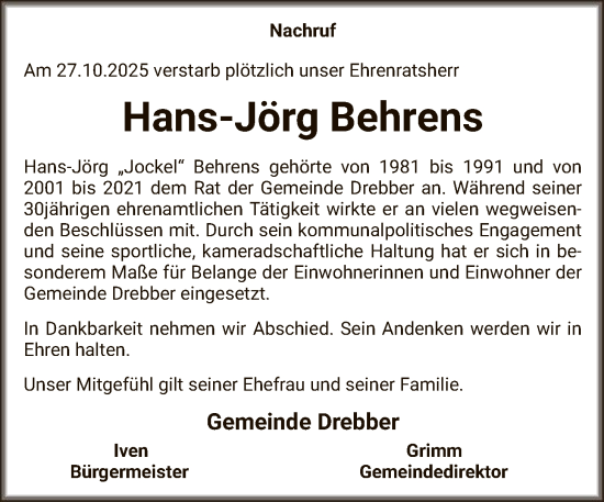 Traueranzeige von Hans-Jörg Behrens von SYKS