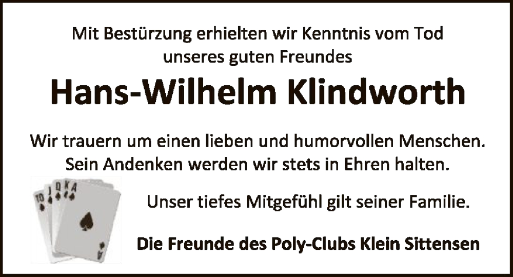  Traueranzeige für Hans-Wilhelm Klindworth vom 29.11.2025 aus SYKR