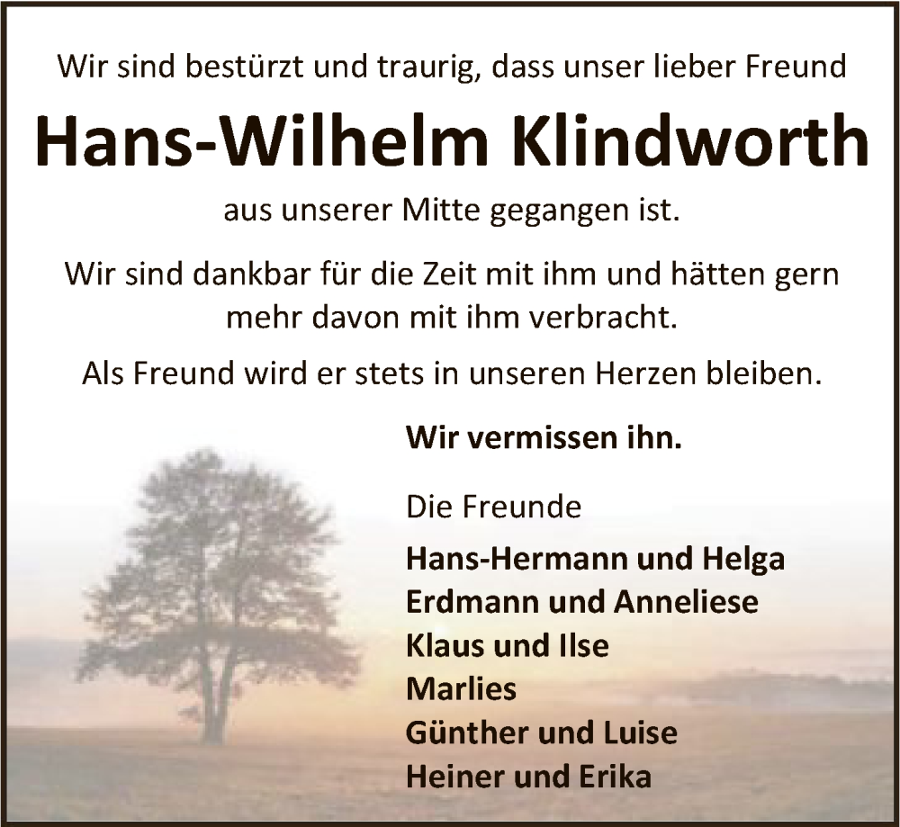  Traueranzeige für Hans-Wilhelm Klindworth vom 29.11.2025 aus SYKR