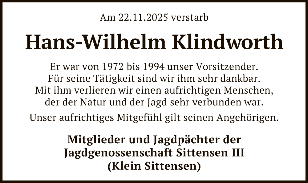  Traueranzeige für Hans-Wilhelm Klindworth vom 29.11.2025 aus SYKR