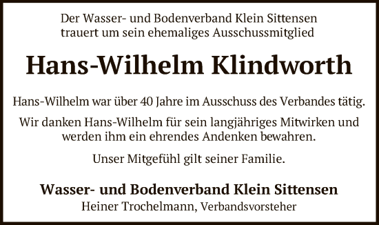 Traueranzeige von Hans-Wilhelm Klindworth von SYKR