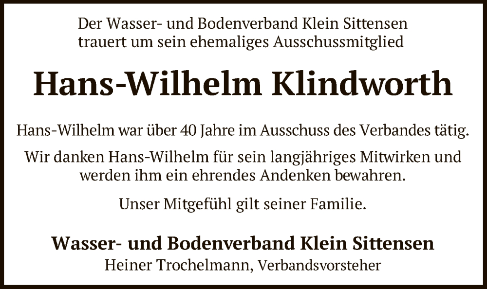  Traueranzeige für Hans-Wilhelm Klindworth vom 29.11.2025 aus SYKR