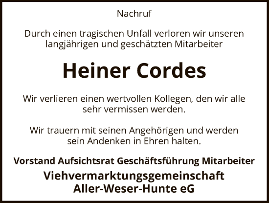 Traueranzeige von Heiner Cordes von SYKS