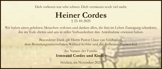 Traueranzeige von Heiner Cordes von SYKS