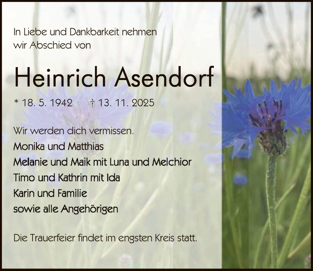  Traueranzeige für Heinrich Asendorf vom 29.11.2025 aus SYKS