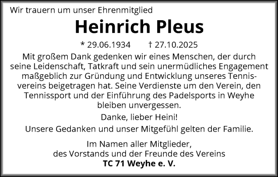 Traueranzeige von Heinrich Pleus von SYKS