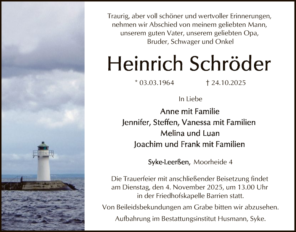  Traueranzeige für Heinrich Schröder vom 01.11.2025 aus SYKS