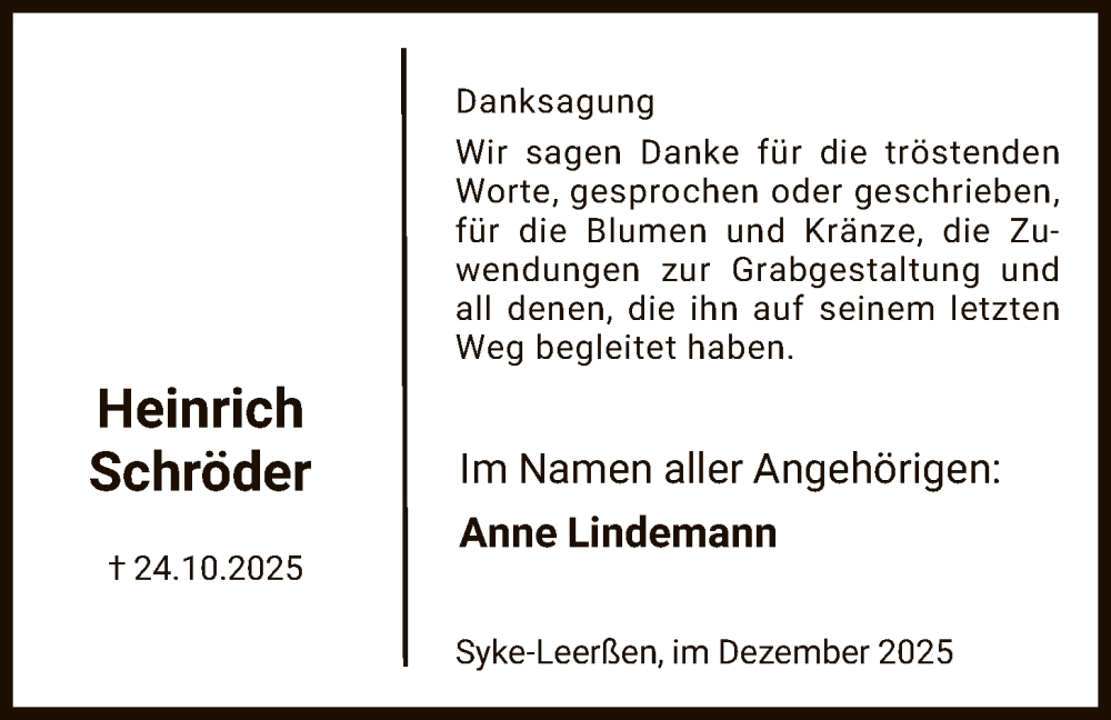  Traueranzeige für Heinrich Schröder vom 29.11.2025 aus SYKS