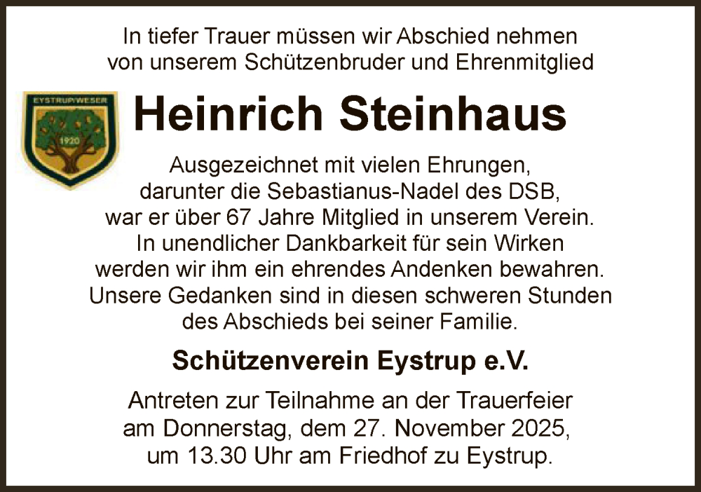  Traueranzeige für Heinrich Steinhaus vom 22.11.2025 aus SYKS