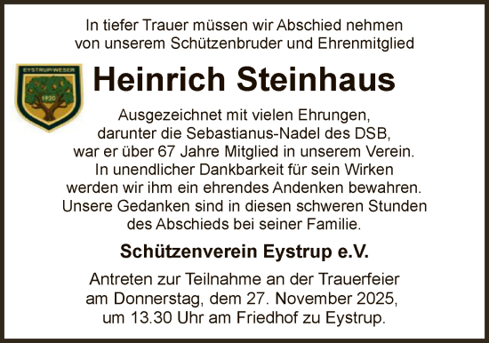 Traueranzeige von Heinrich Steinhaus von SYKS