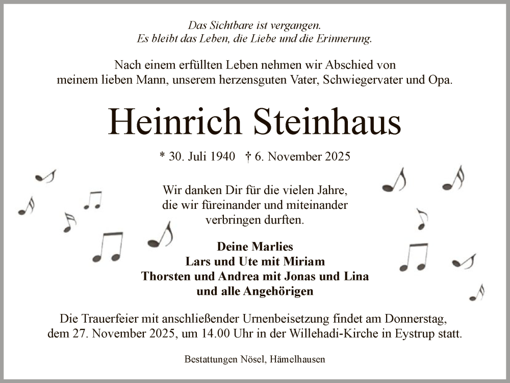  Traueranzeige für Heinrich Steinhaus vom 22.11.2025 aus SYKS
