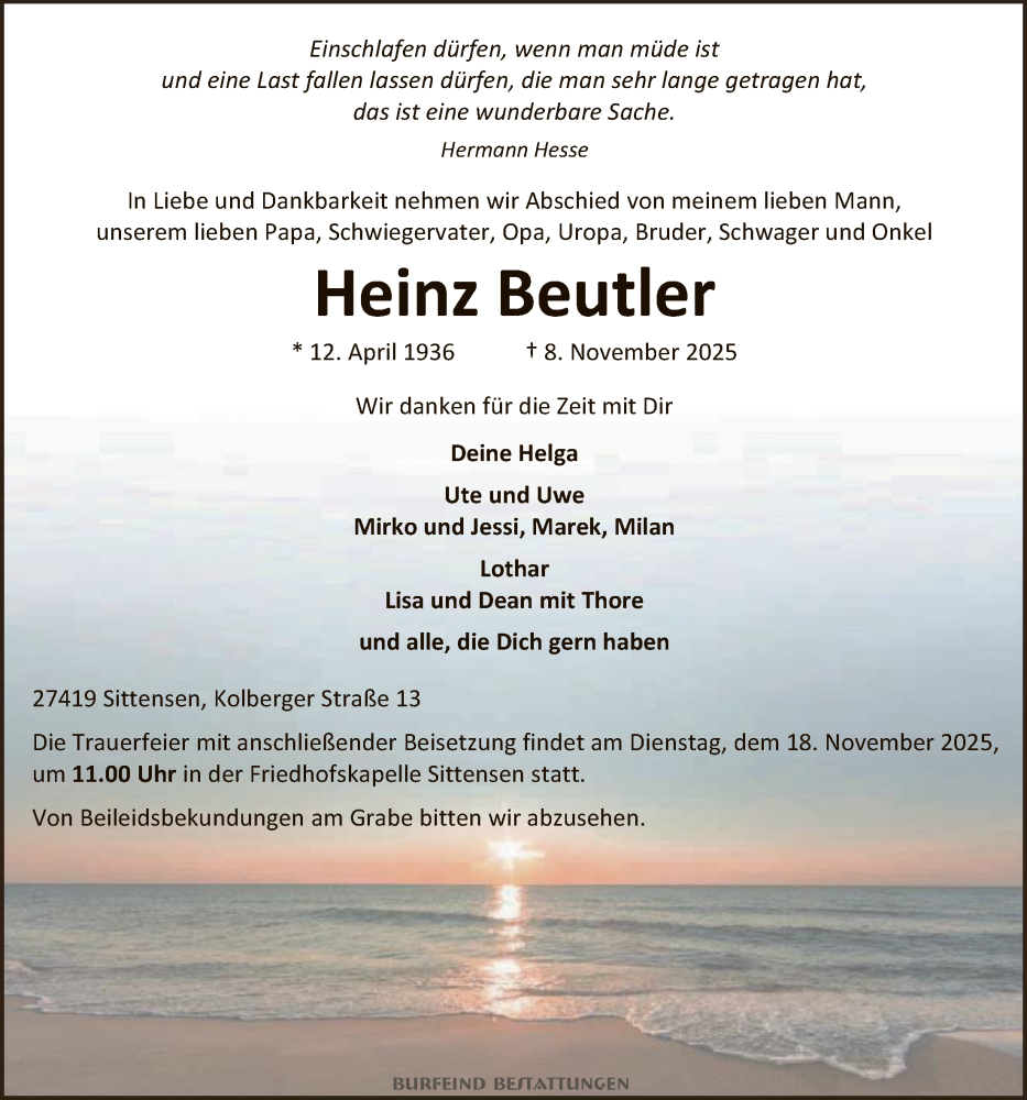  Traueranzeige für Heinz Beutler vom 15.11.2025 aus SYKR
