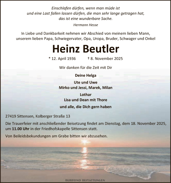 Traueranzeige von Heinz Beutler von SYKR