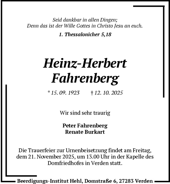 Traueranzeige von Heinz-Herbert Fahrenberg von SYKS