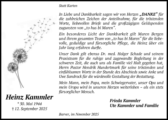 Traueranzeige von Heinz Kammler von SYKS