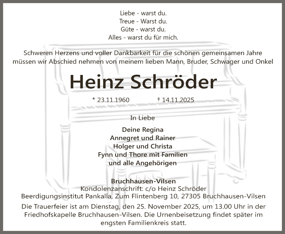  Traueranzeige für Heinz Schröder vom 22.11.2025 aus SYKS
