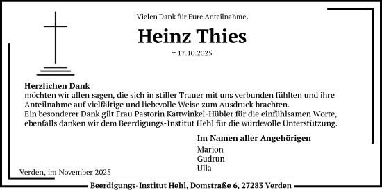 Traueranzeige von Heinz Thies von SYKS