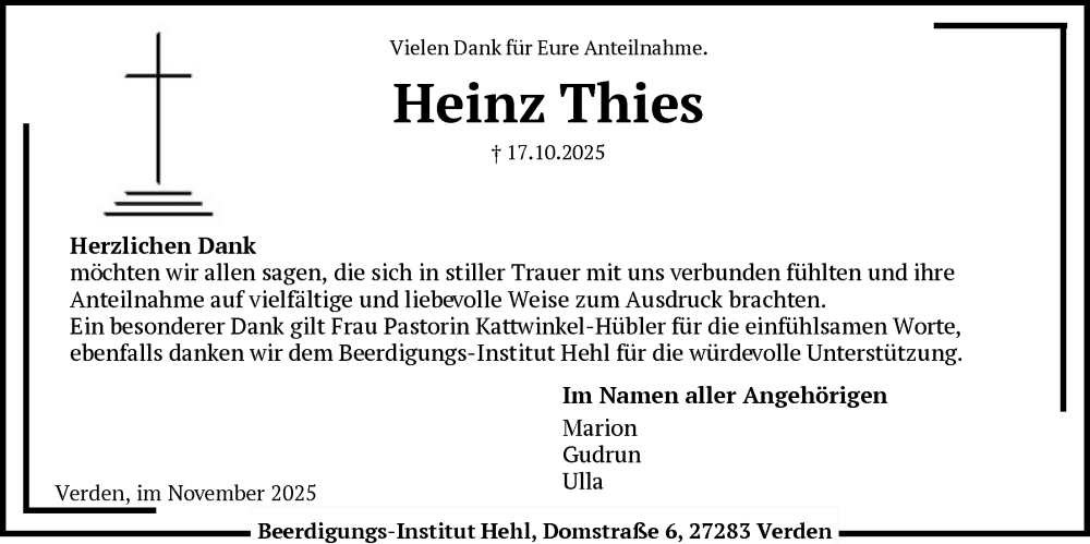  Traueranzeige für Heinz Thies vom 29.11.2025 aus SYKS