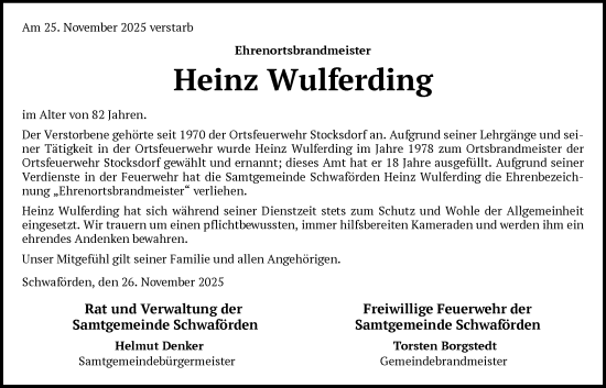 Traueranzeige von Heinz Wulferding von SYKS