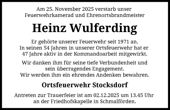 Traueranzeige von Heinz Wulferding von SYKS