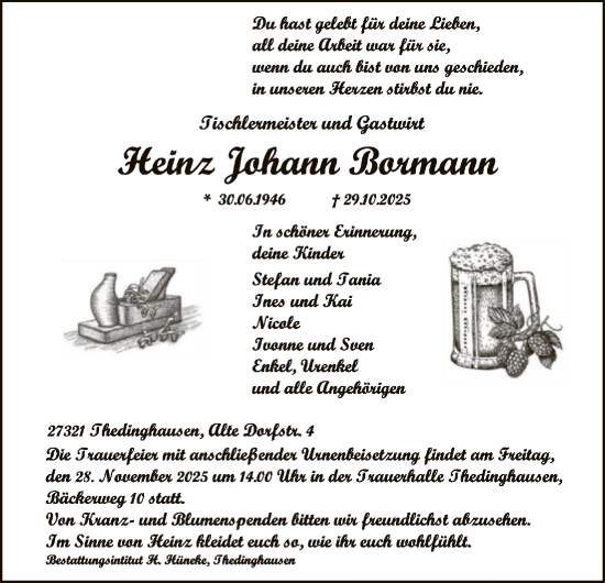 Traueranzeige von Heinz Johann Bormann von SYKS