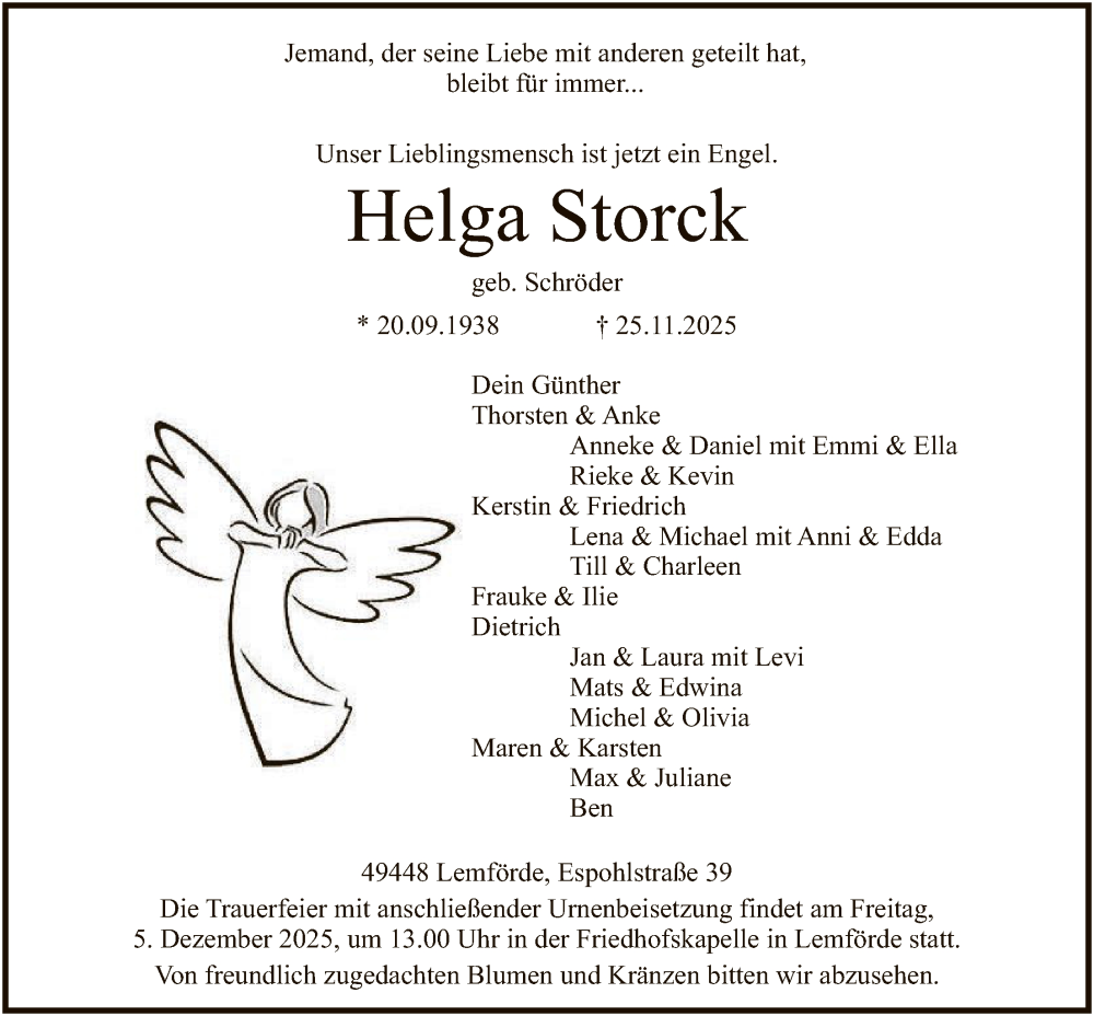  Traueranzeige für Helga Storck vom 29.11.2025 aus SYKS
