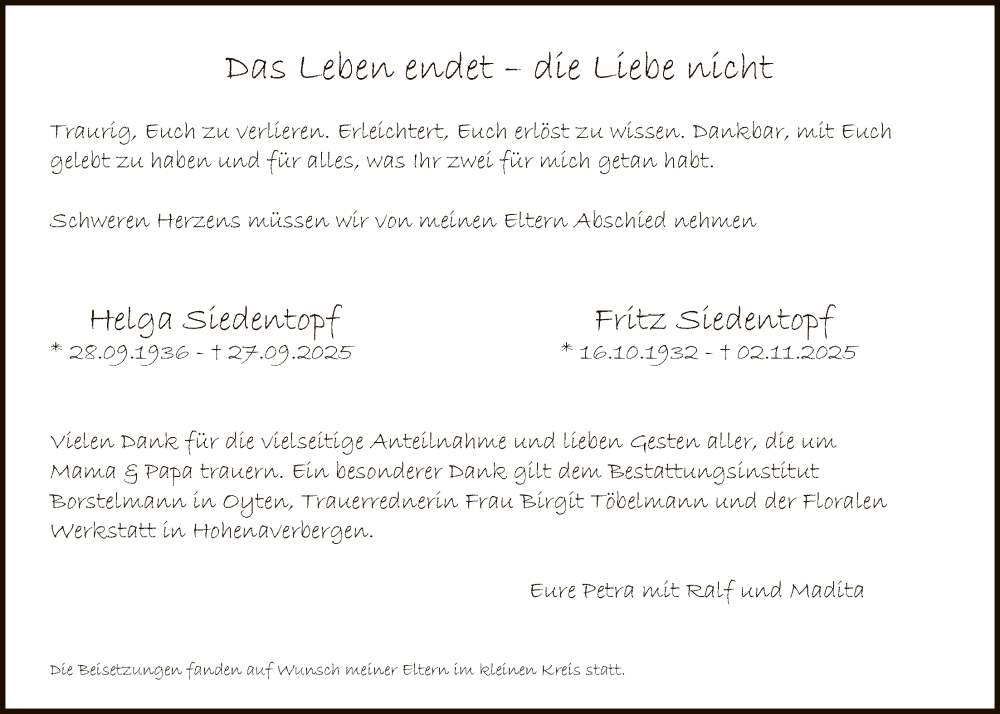  Traueranzeige für Helga und Fritz Siedentopf vom 22.11.2025 aus SYKS