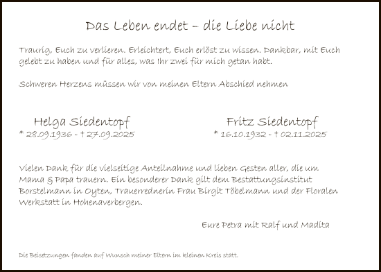 Traueranzeige von Helga und Fritz Siedentopf von SYKS
