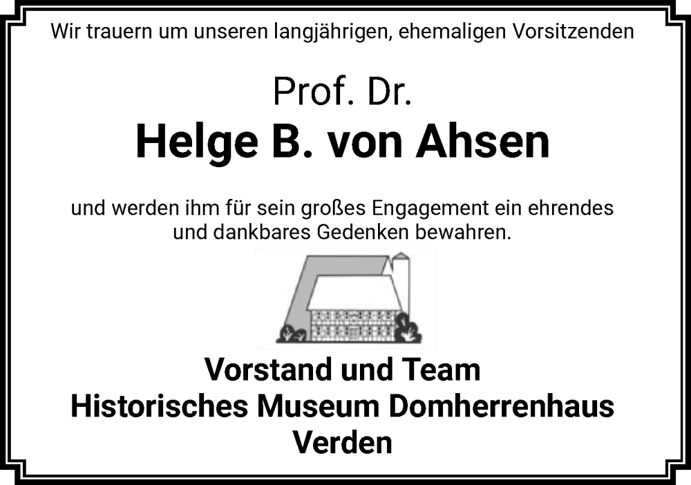  Traueranzeige für Helge Bernd von Ahsen vom 29.11.2025 aus SYKS