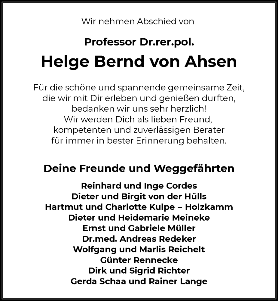  Traueranzeige für Helge Bernd von Ahsen vom 29.11.2025 aus SYKS