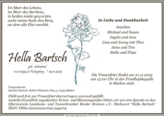 Traueranzeige von Hella Bartsch von SYKS
