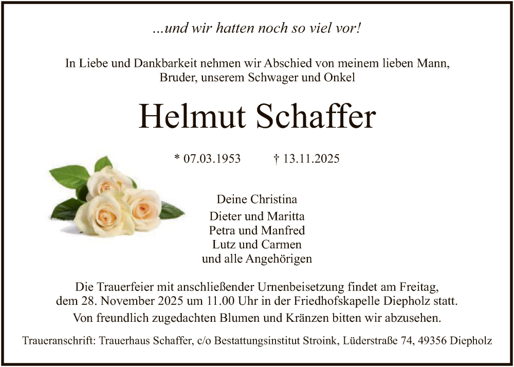  Traueranzeige für Helmut Schaffer vom 22.11.2025 aus SYKS