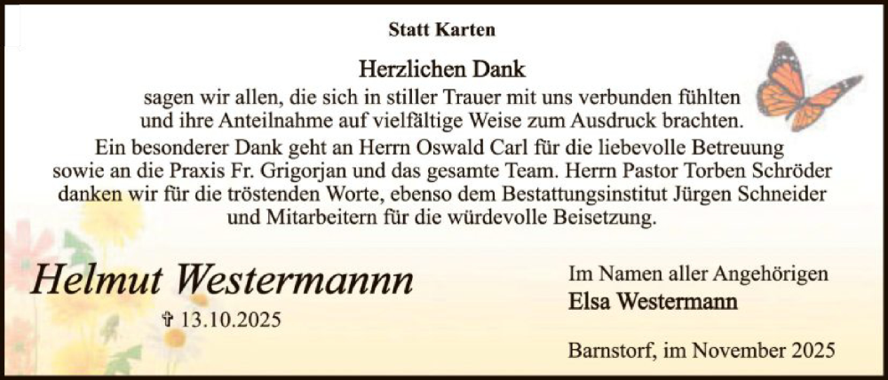 Traueranzeige für Helmut Westermann vom 22.11.2025 aus SYKS