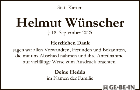 Traueranzeige von Helmut Wünscher von SYKS