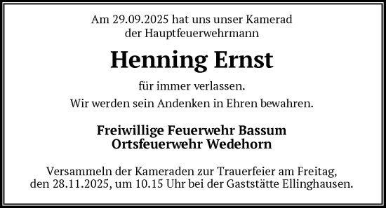 Traueranzeige von Henning Ernst von SYKS