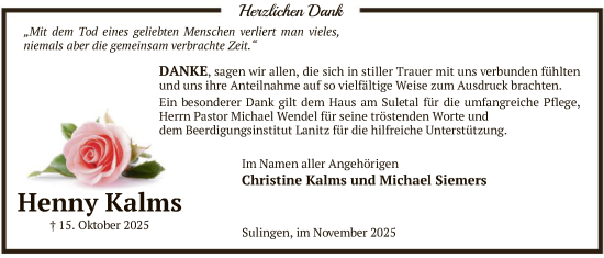 Traueranzeige von Henny Kalms von SYKS