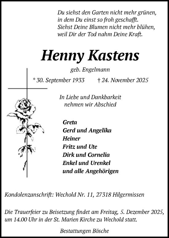 Traueranzeige von Henny Kastens von SYKS