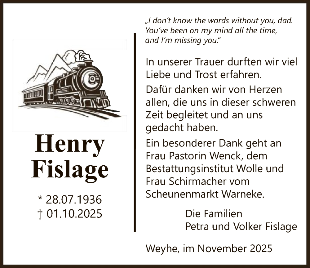  Traueranzeige für Henry Fislage vom 22.11.2025 aus SYKS