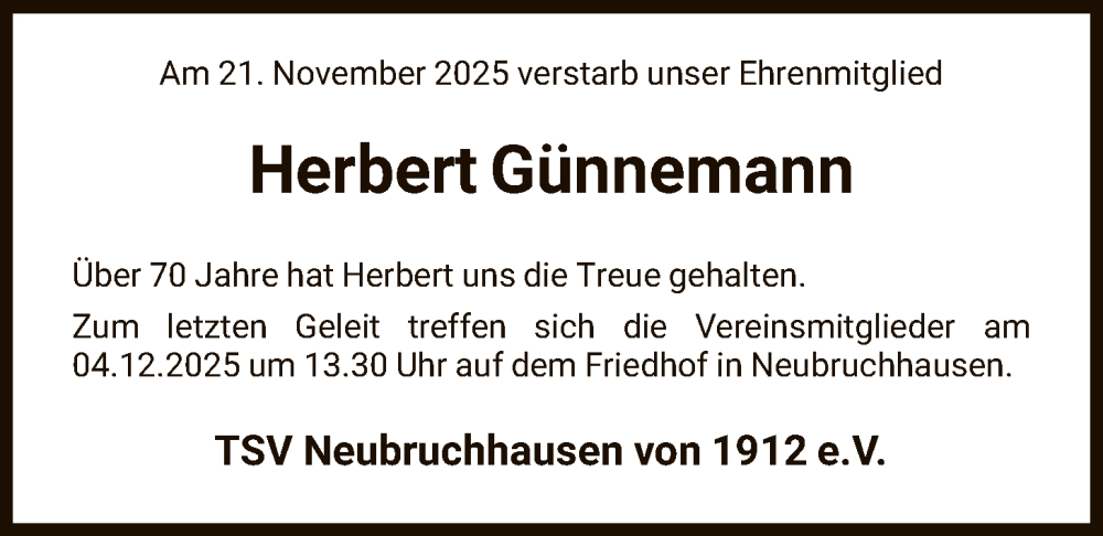  Traueranzeige für Herbert Günnemann vom 29.11.2025 aus SYKS