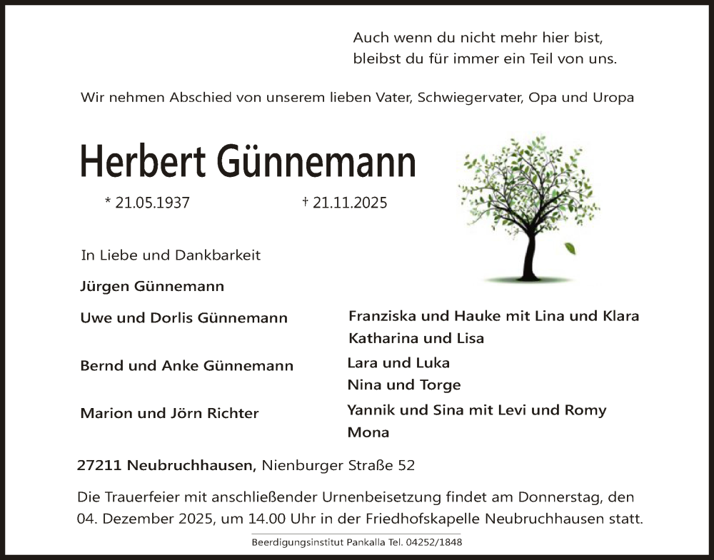 Traueranzeige für Herbert Günnemann vom 26.11.2025 aus SYKS