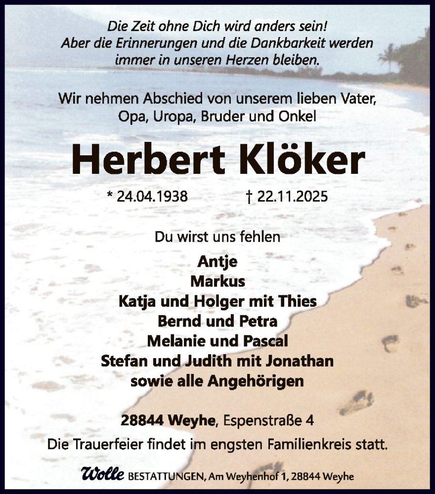  Traueranzeige für Herbert Klöker vom 29.11.2025 aus SYKS