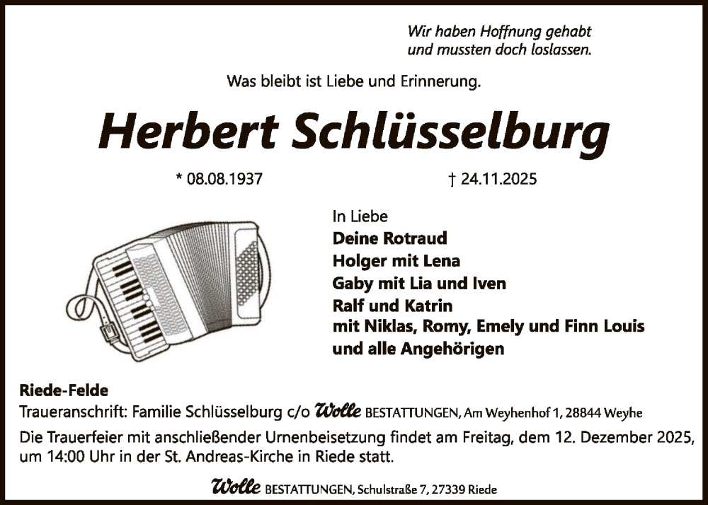  Traueranzeige für Herbert Schlüsselburg vom 29.11.2025 aus SYKS