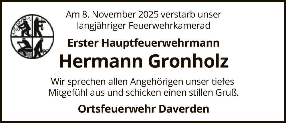  Traueranzeige für Hermann Gronholz vom 22.11.2025 aus SYKS