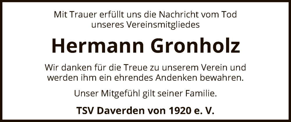  Traueranzeige für Hermann Gronholz vom 22.11.2025 aus SYKS
