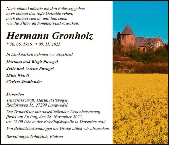 Traueranzeige von Hermann Gronholz von SYKS