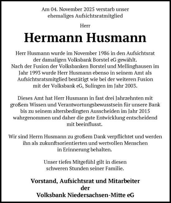 Traueranzeige von Hermann Husmann von SYKS