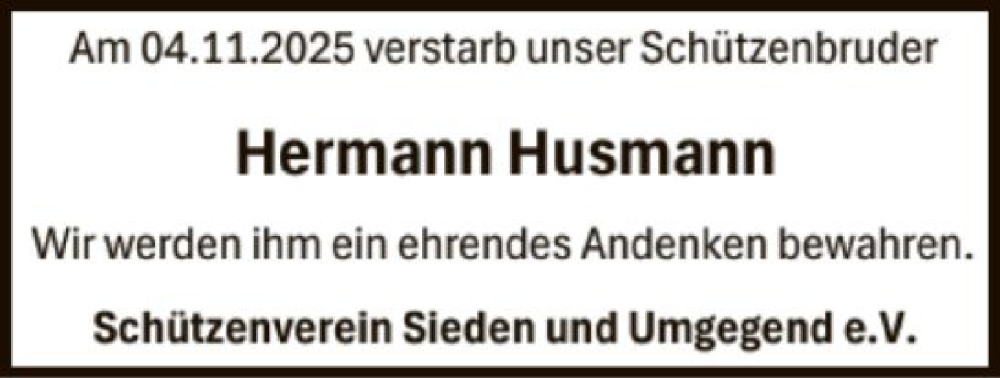  Traueranzeige für Hermann Husmann vom 20.11.2025 aus SYKS