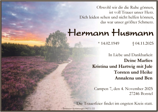 Traueranzeige von Hermann Husmann von SYKS