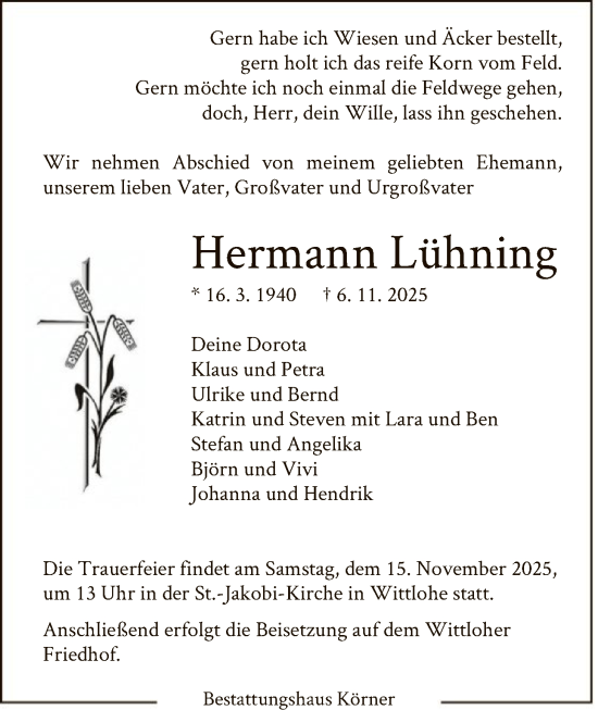 Traueranzeige von Hermann Lühning von SYKS